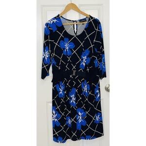 LANE BRYANT Black Blue Floral Stretch 3/4 Sleeve Jersey Knit Dress Size 14/16